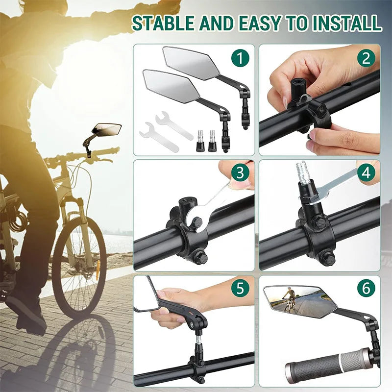Installation guide showing steps for installing a 360° adjustable motorcycle rearview mirror.