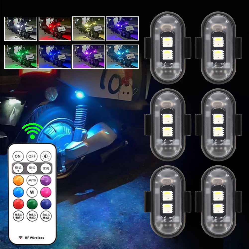 Set von mehrfarbigen RGB-Warn-Stroboskoplichtern, installiert im Innen- und Außenbereich eines Fahrzeugs.