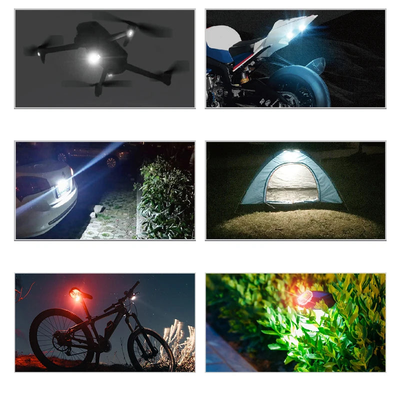 A collection of images showing wireless strobe warning lights used on a drone, motorcycle, car, and bicycle.
