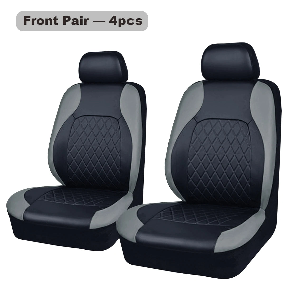 A pair of black and gray car seat covers, four pieces total, shown from the front.