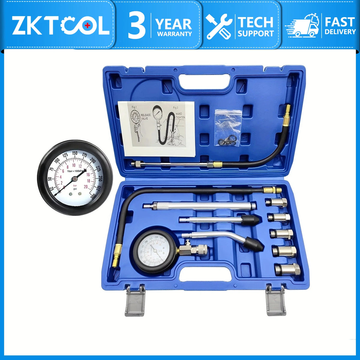 A blue portable engine compression tester kit with gauges and hoses is displayed in its packaging.