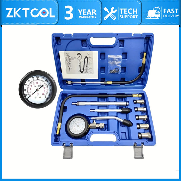 A blue portable engine compression tester kit with gauges and hoses is displayed in its packaging.