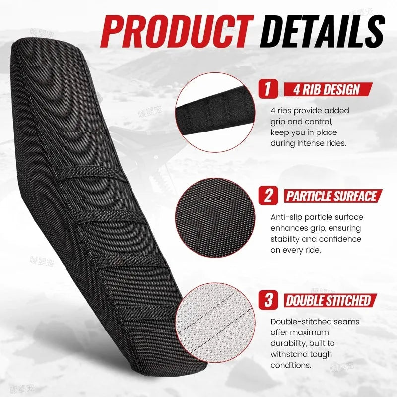 Black waterproof non-slip seat cover for e-bikes showing details like rib design and double stitching