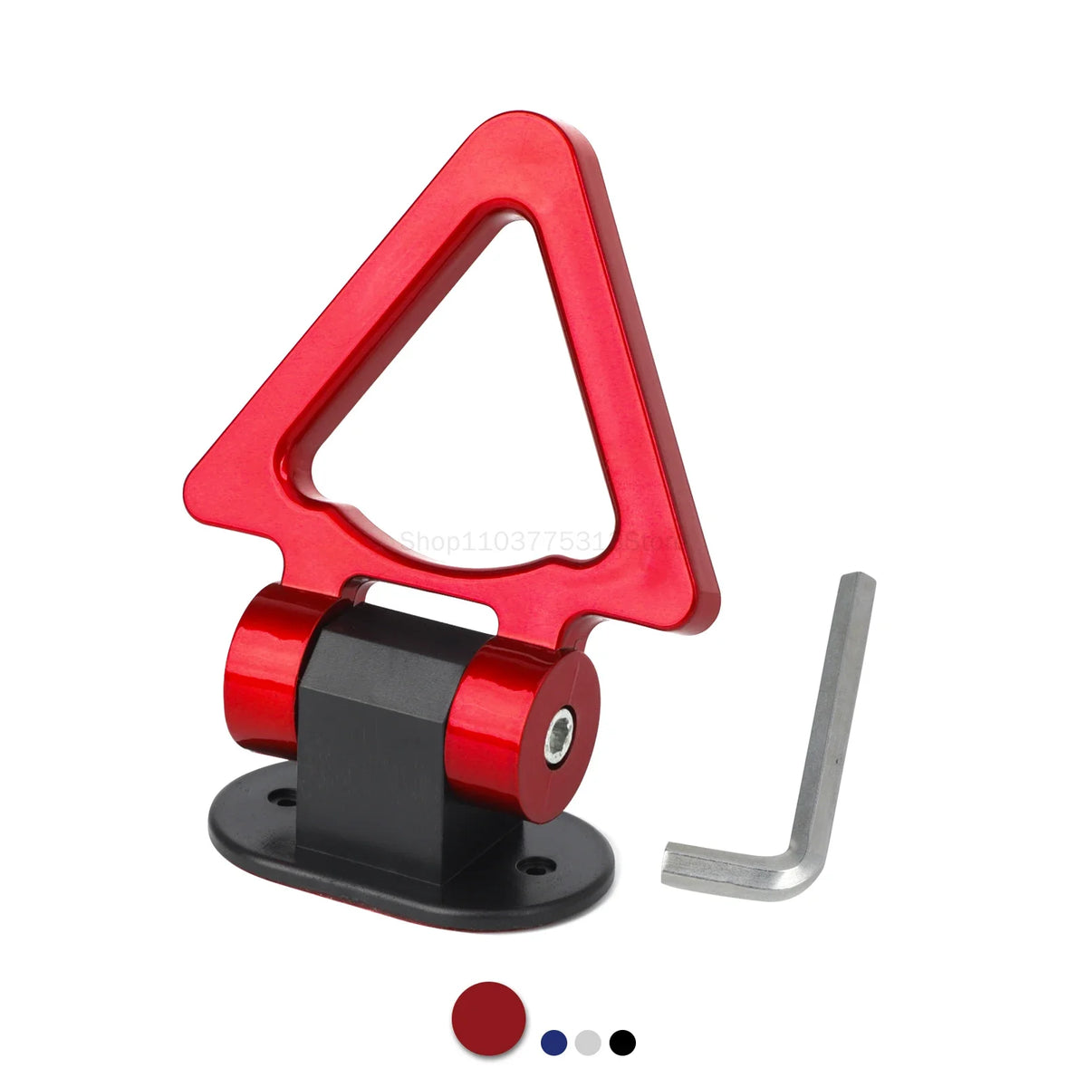 A red decorative racing tow hook sticker shaped like a triangle with a mounting bracket and a metal hook.