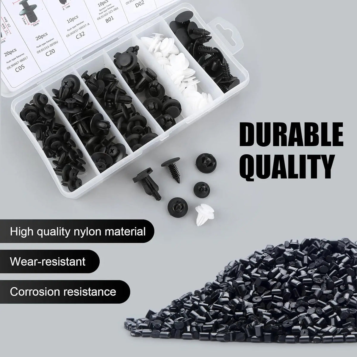 A box of durable black nylon auto fastener clips and loose hardware components for car body trim installation