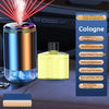 A rechargeable car air freshener diffuser with a bottle of cologne and various features listed.