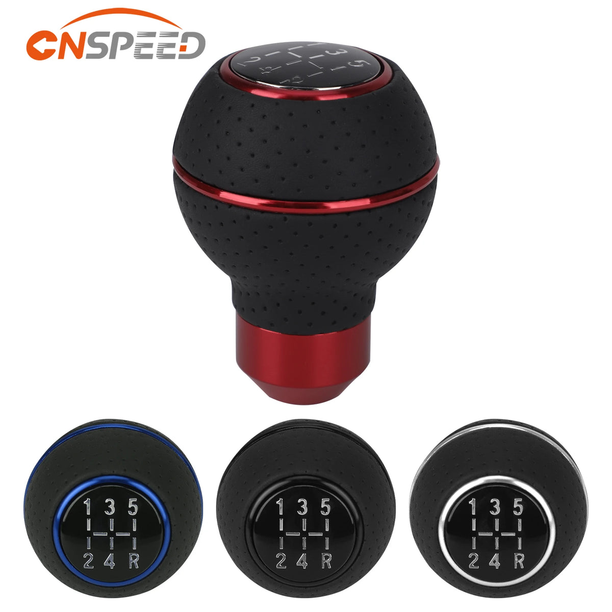 A black gear shift knob with red accents and four numbered positions is shown alongside three other black knobs.