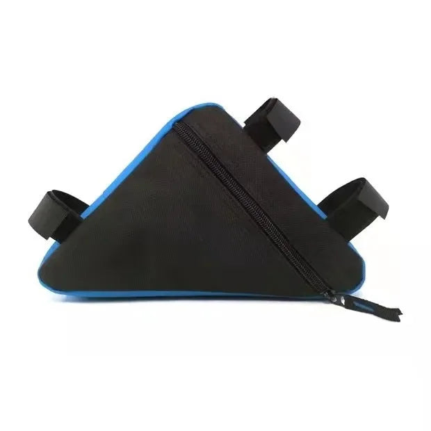 Black and blue convertible waterproof bike frame bag with a zipper.