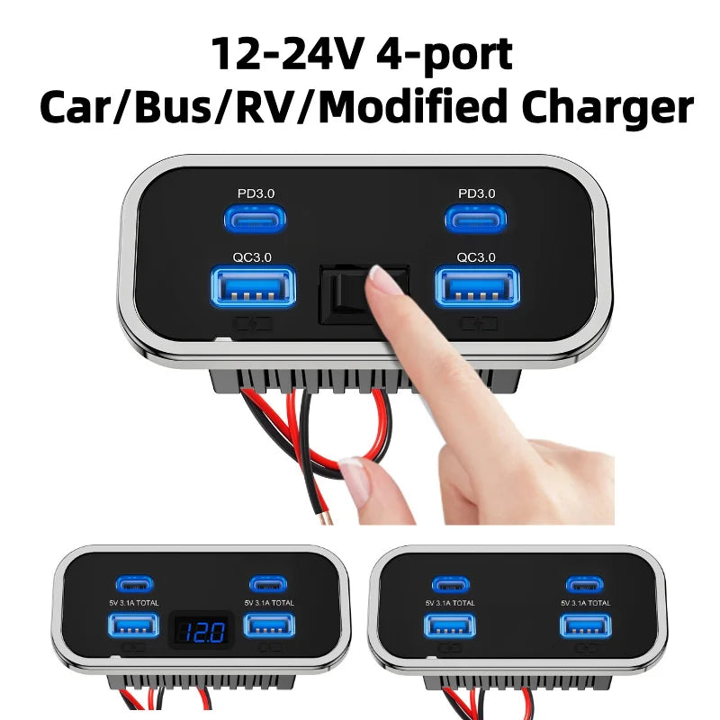 A 12-24V 4-port car charger adapter with multiple output ports shown connected to wires.