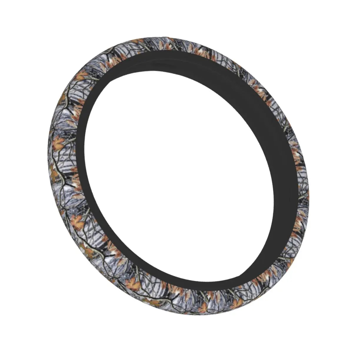 Black steering wheel covers with a camouflage pattern of tree branches and leaves