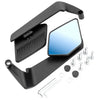 A black adjustable motorcycle side mirror clamp and mounting bracket with various screws and hardware.