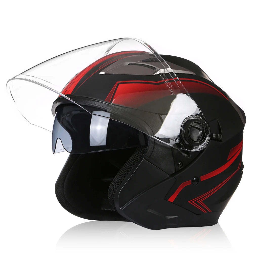 A black motorcycle helmet with a clear visor and red accents shown from the front.