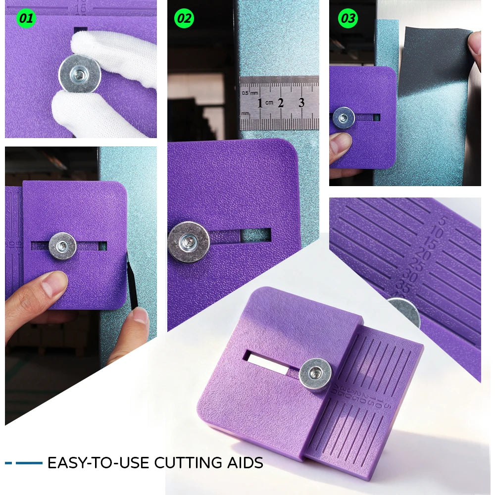 A purple precision vinyl film edge cutting applicator shown in various stages and usage examples.