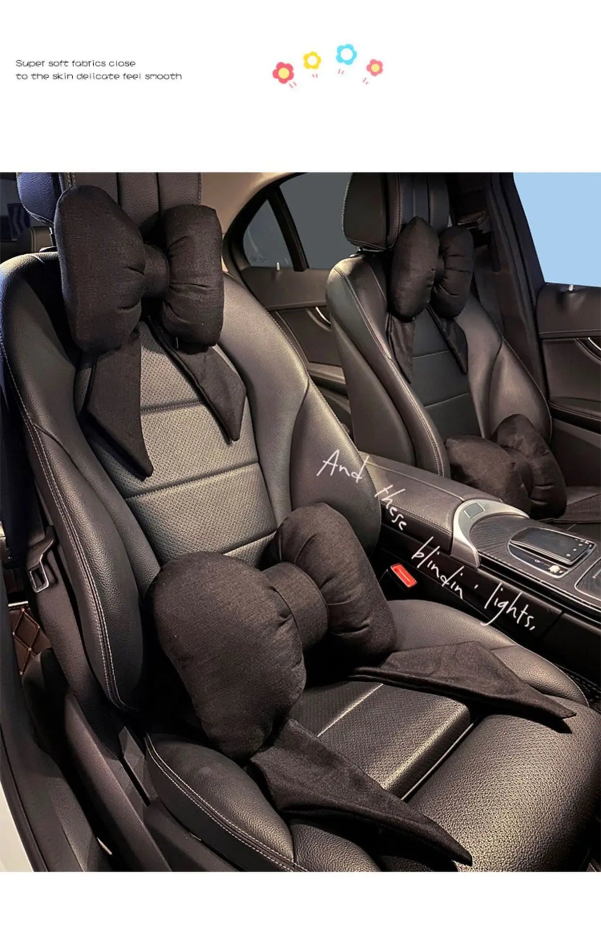 Oreiller de cou noir en forme de papillon accent sur le dossier de siège d'une voiture.