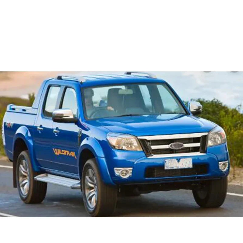 A blue Ford Ranger pickup truck with in-channel window visors installed.