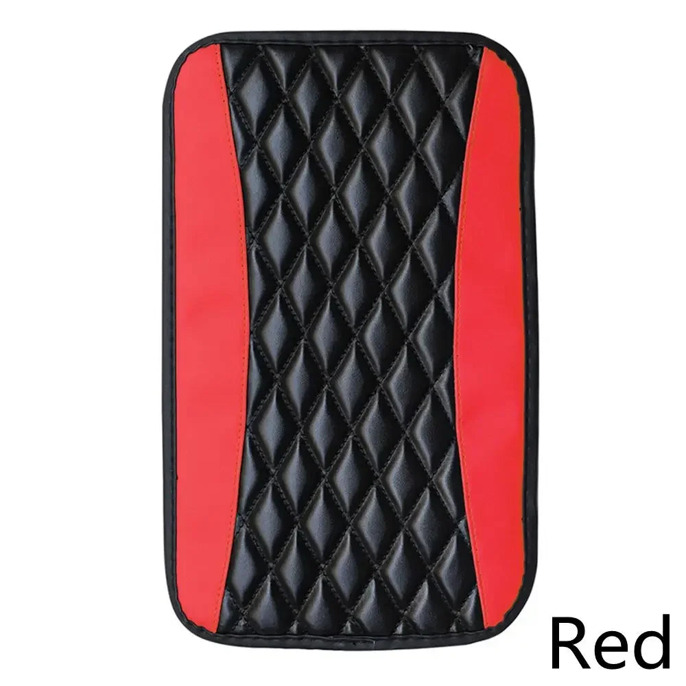 A black and red quilted car armrest protector pad.