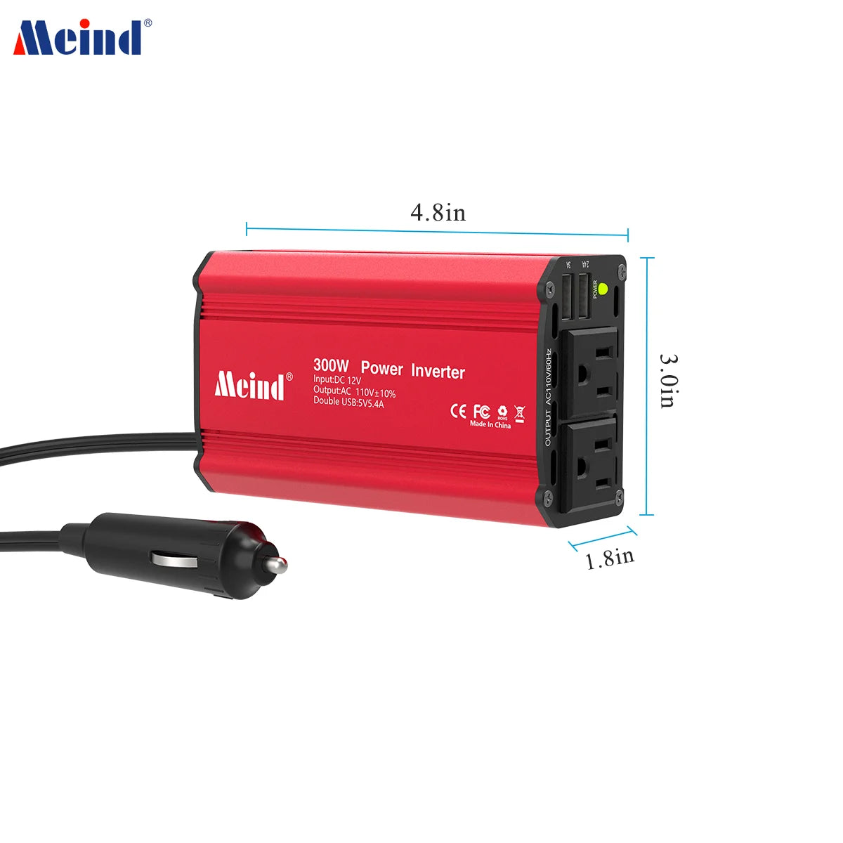A red Meind 300W power inverter with dual AC outlets and USB charging ports shown from the side.