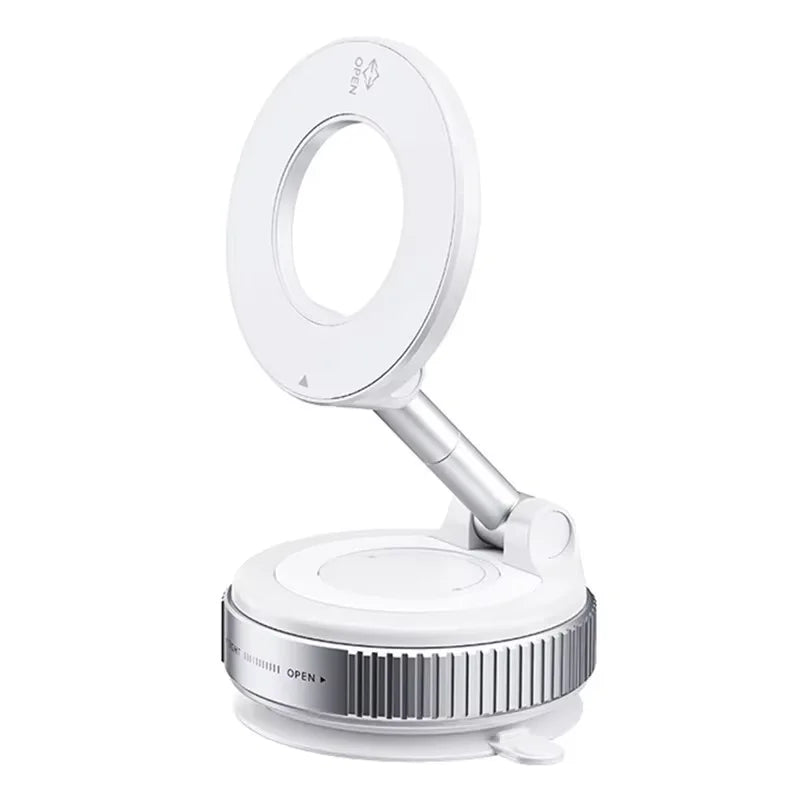 A white 360 degree rotating magnetic phone mount with a circular opening and adjustable clamp.