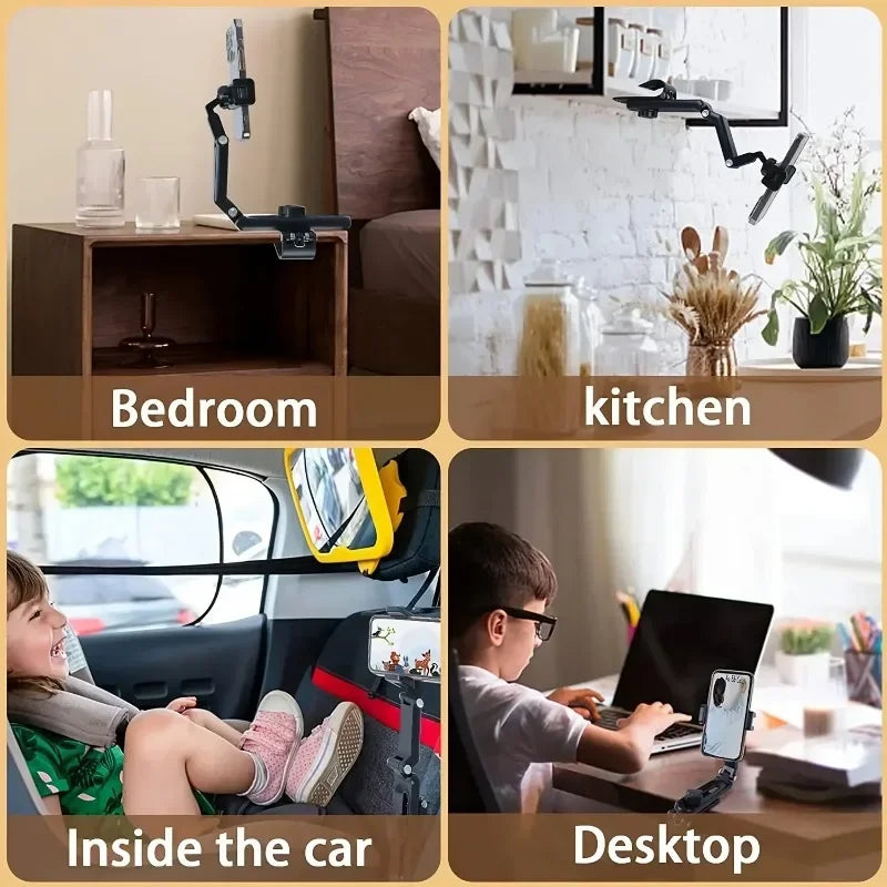 Various uses of a 360° rotating car phone holder including in the bedroom, kitchen, inside a car, and on a desktop.