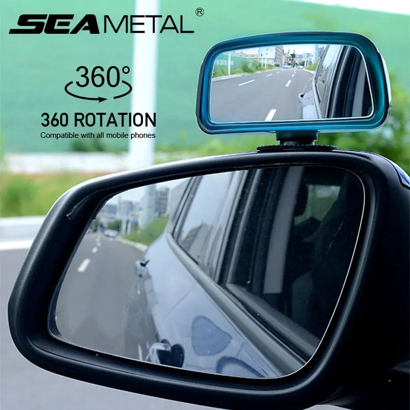 Miroir convexe noir avec cadre bleu monté sur un véhicule, conçu pour une rotation à 360 degrés.