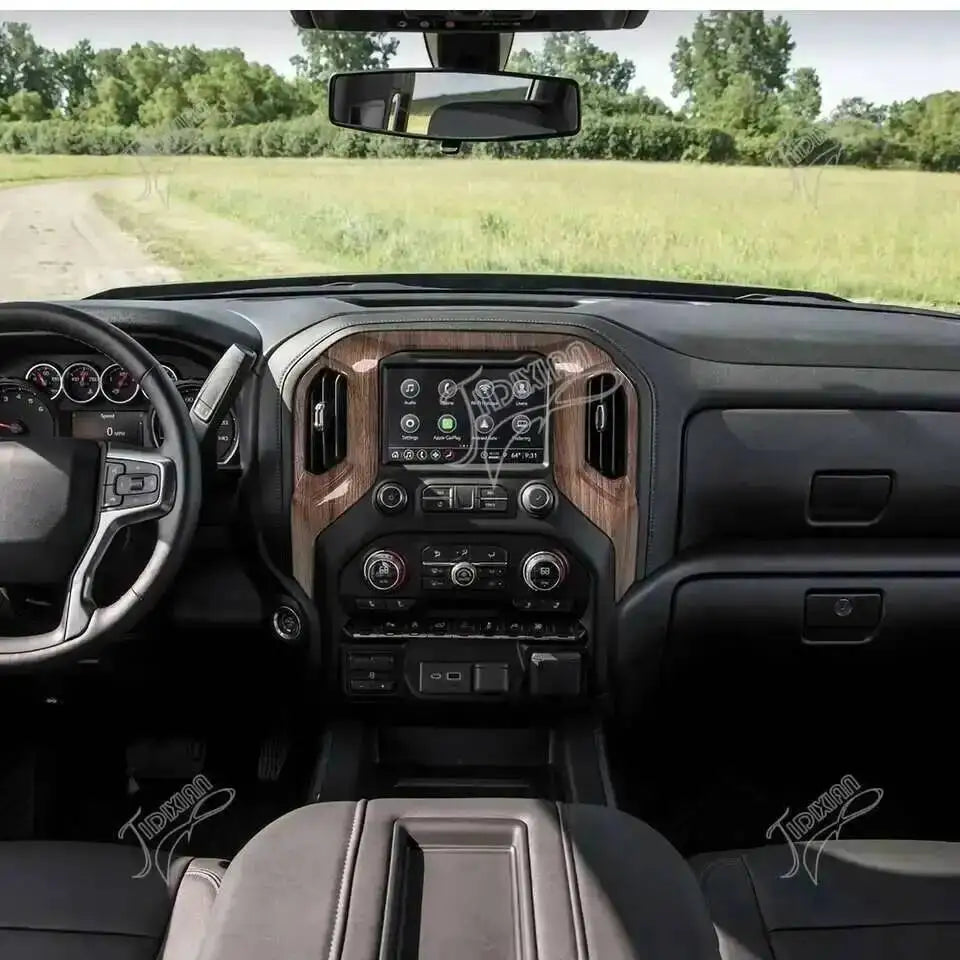 Interior view of a truck dashboard showing the center console navigation panel trim cover.