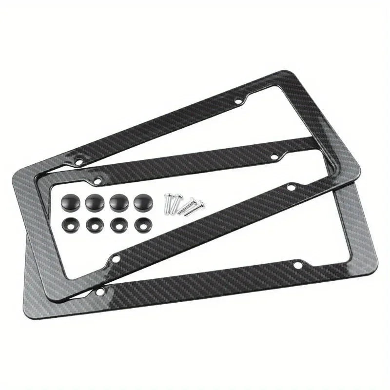 Black carbon fiber license plate frame with mounting hardware for vehicle installation