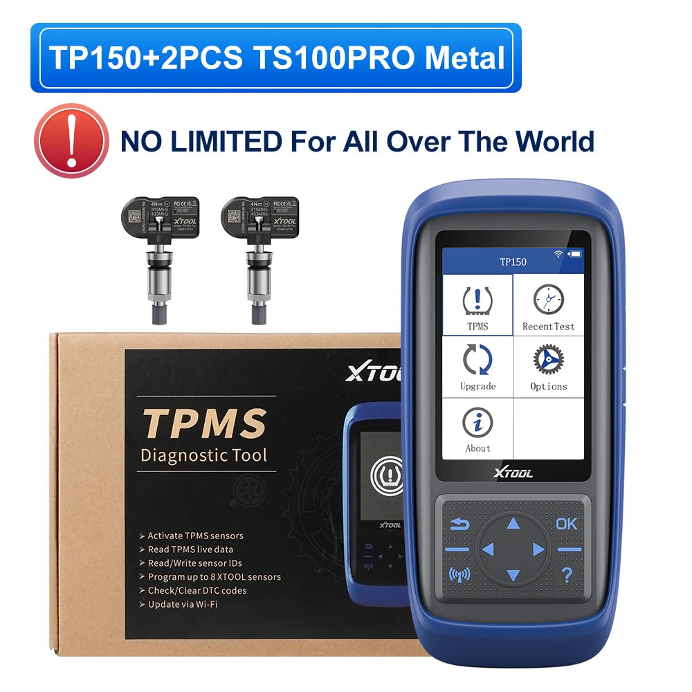 A blue XTOOL TP150 diagnostic tool and two spare sensors are shown next to its packaging.