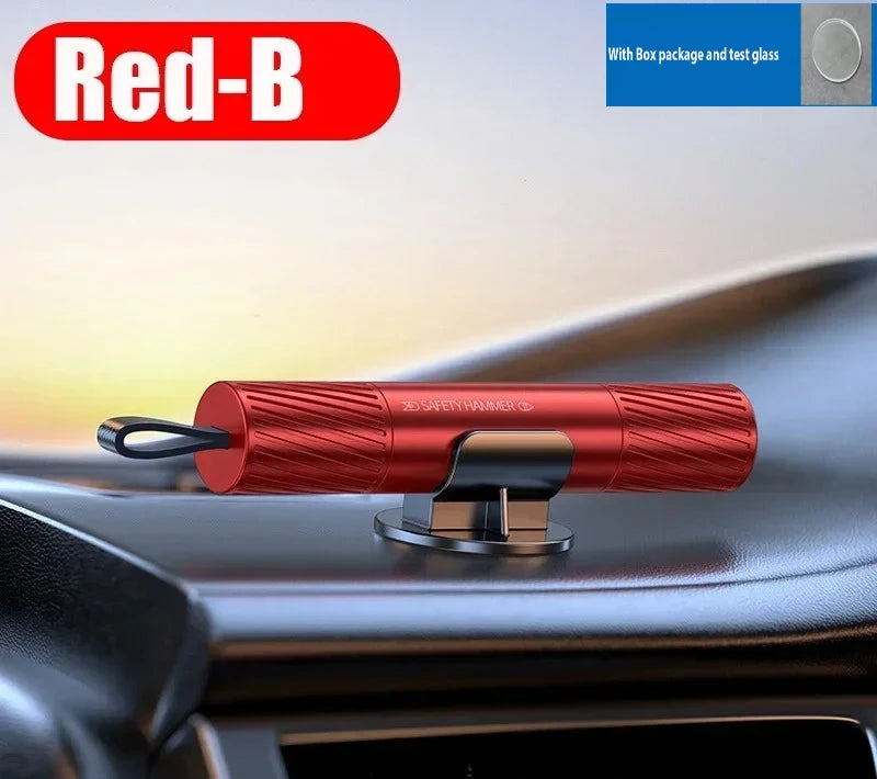 A red rubber safety hammer tool is shown resting on a car interior surface.