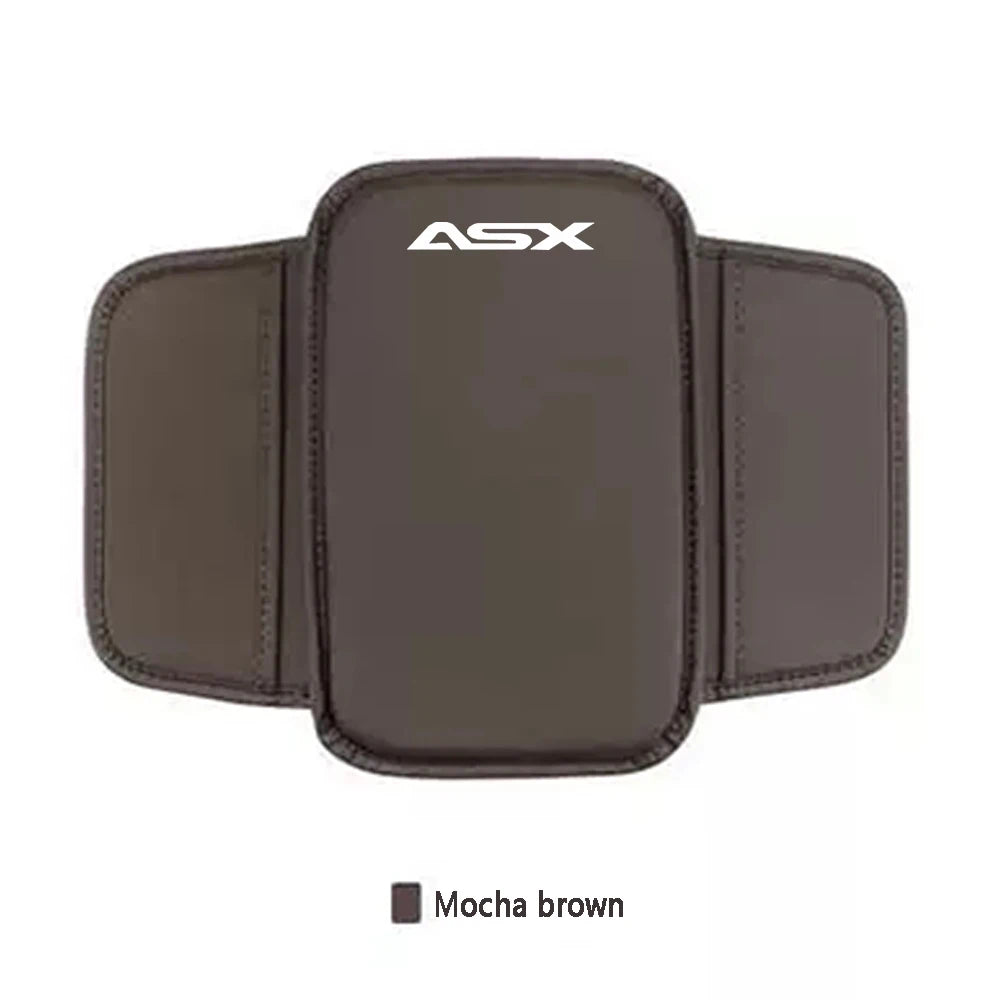 A dark brown premium car armrest protector and storage pad with an ASX logo.