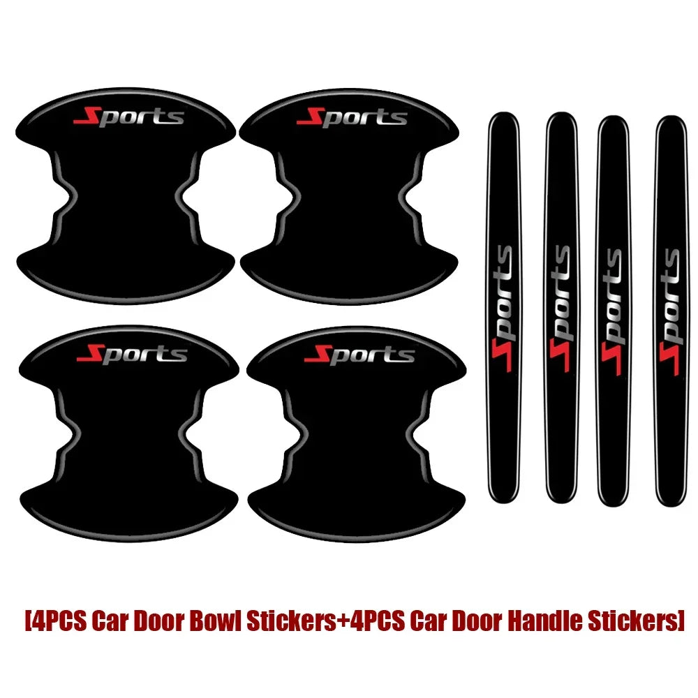 Four sets of black sports-themed car door bowl and handle protection stickers