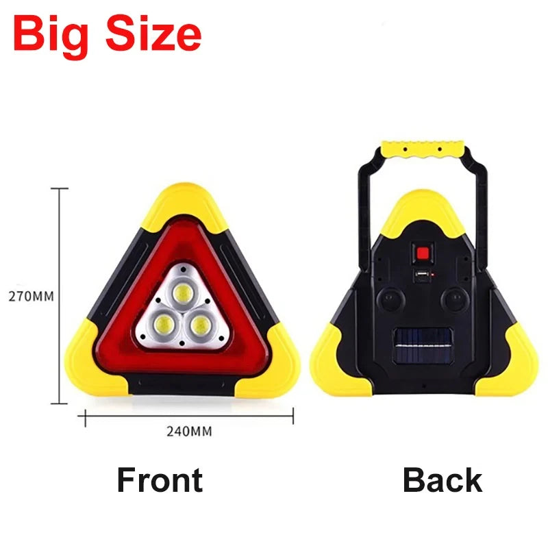 Front and back views of a big size 3-in-1 solar emergency warning light with yellow and black casing