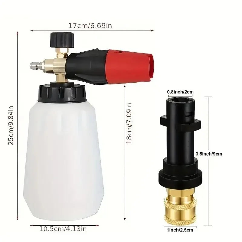 A heavy duty snow foam cannon with a white bottle and black and red nozzle assembly.