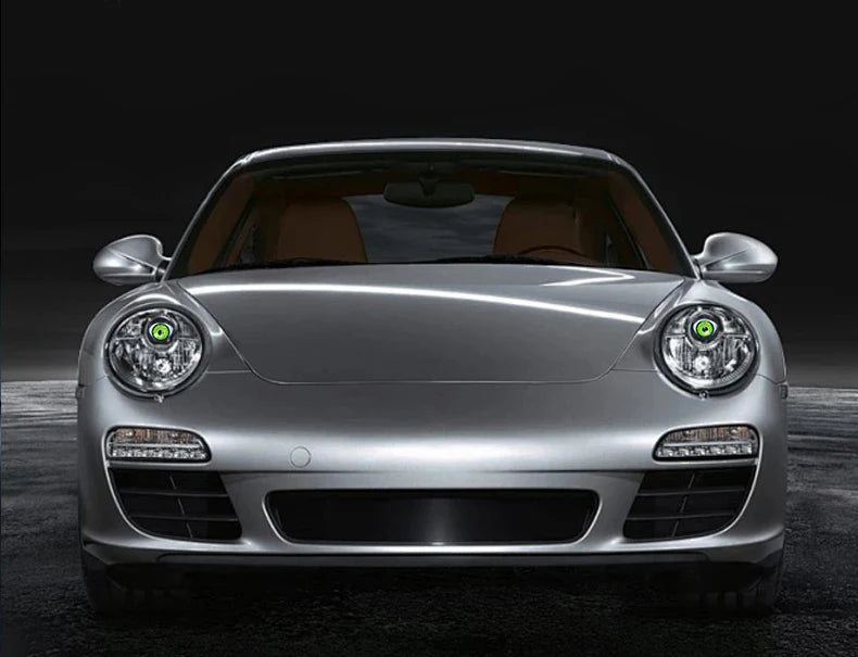 Silver Porsche 911 with an LED halo ring and dynamic lighting features.