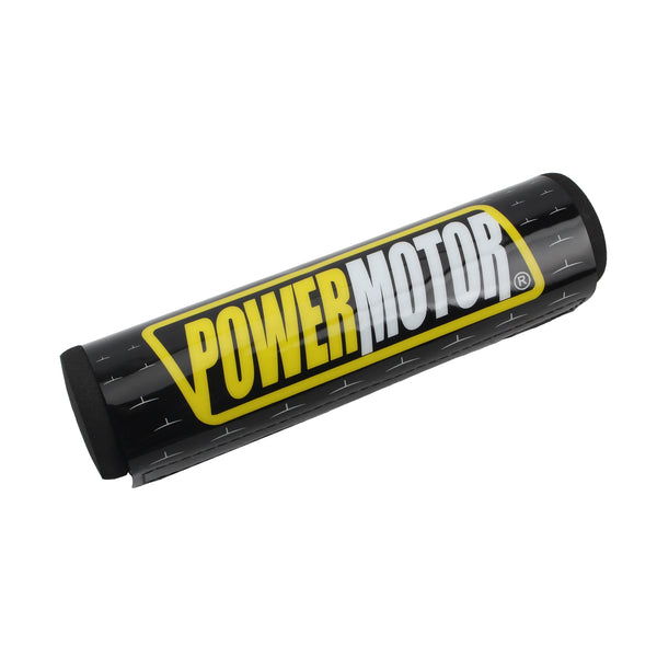 Black motorcycle handlebar protection pads with yellow Power Motor branding