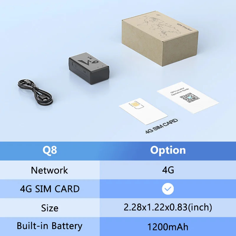 Un traceur GPS voiture 4G, une carte SIM et une boîte en carton sont présentés sur une surface bleu clair.