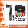 A black cordless mini car detail polisher and related accessories are shown next to a black carrying case.