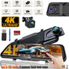 A black dual-camera car dash cam is shown with various features and a hand operating the screen.
