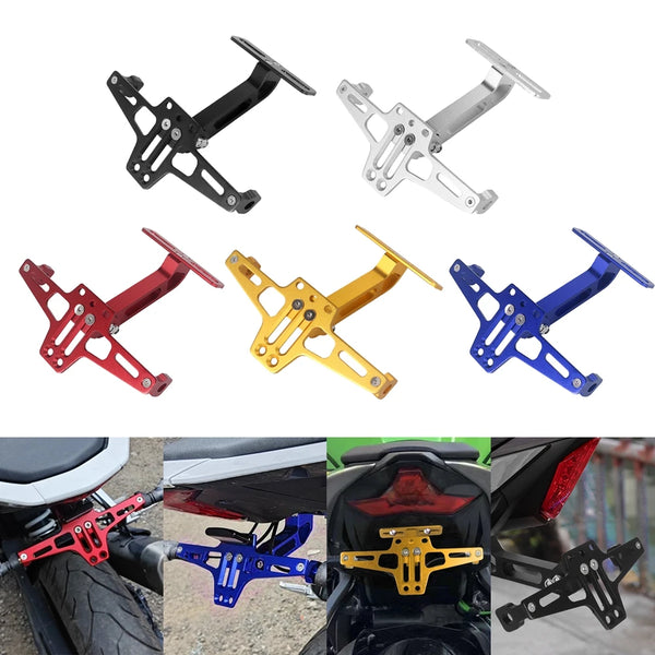 Soportes para matrículas de motocicleta universales en colores negro, plata, rojo, dorado y azul, mostrados desde diferentes 