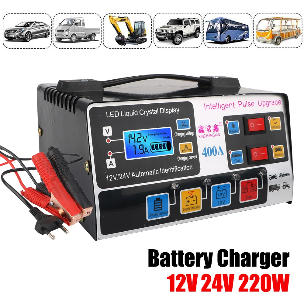 A black battery charger with an LED display and multiple output ports is shown alongside various vehicle models.