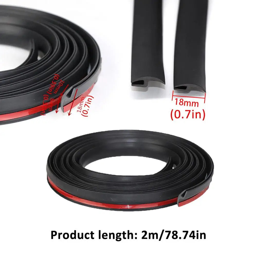 Black flexible windshield seal strip shown in various forms and lengths for noise reduction