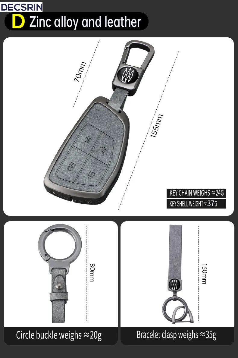 A dark gray key chain featuring a metal clasp and a rectangular case with multiple buttons, along with a separate bracelet cl