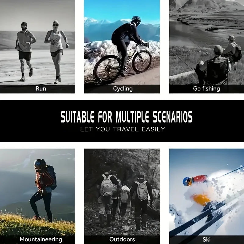 A collage showing various outdoor activities including running, cycling, go fishing, mountaineering, outdoors, and skiing.