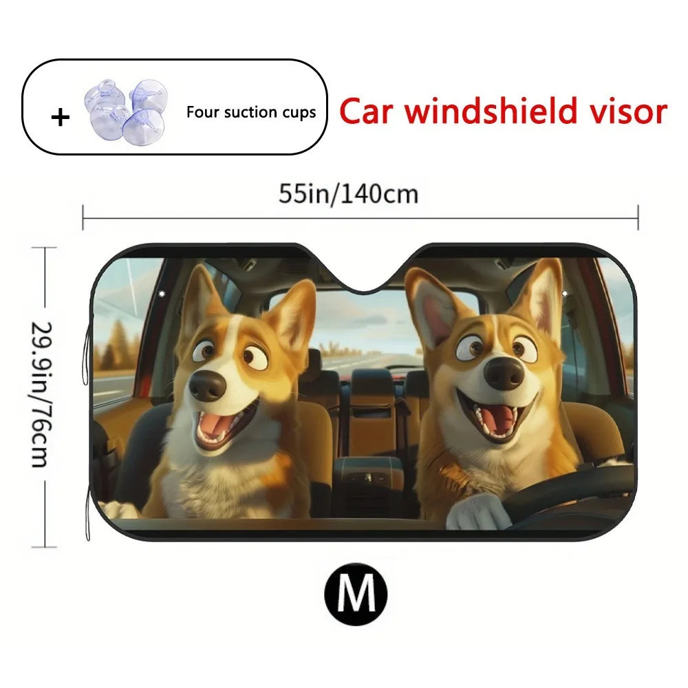 A set of four suction cups and a car windshield visor designed for heat and UV protection.