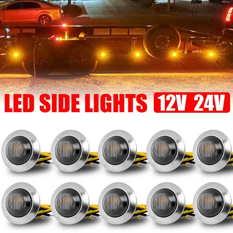 LED side lights for vehicles, 12V and 24V, shown as round marker lights.