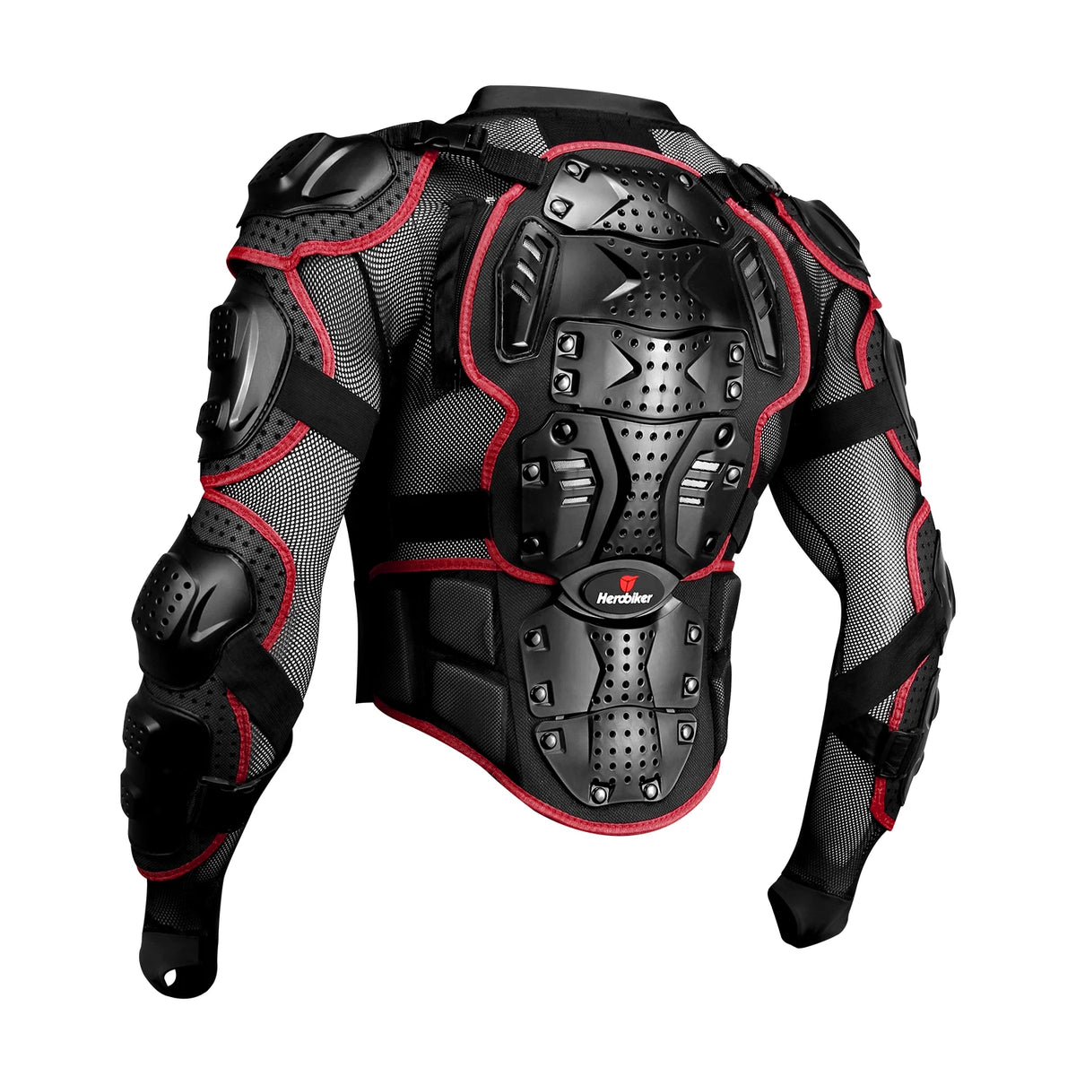Black and red heavy-duty motocross riding jacket shown from the back.