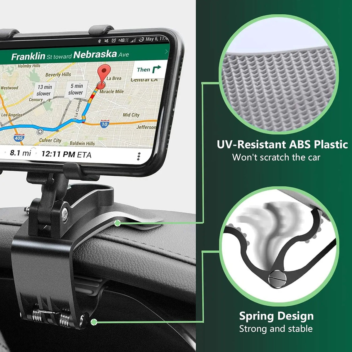 Primer plano de una ruta Franklin St Nebraska Ave en la pantalla de un teléfono montado en un coche, mostrando el diseño de r