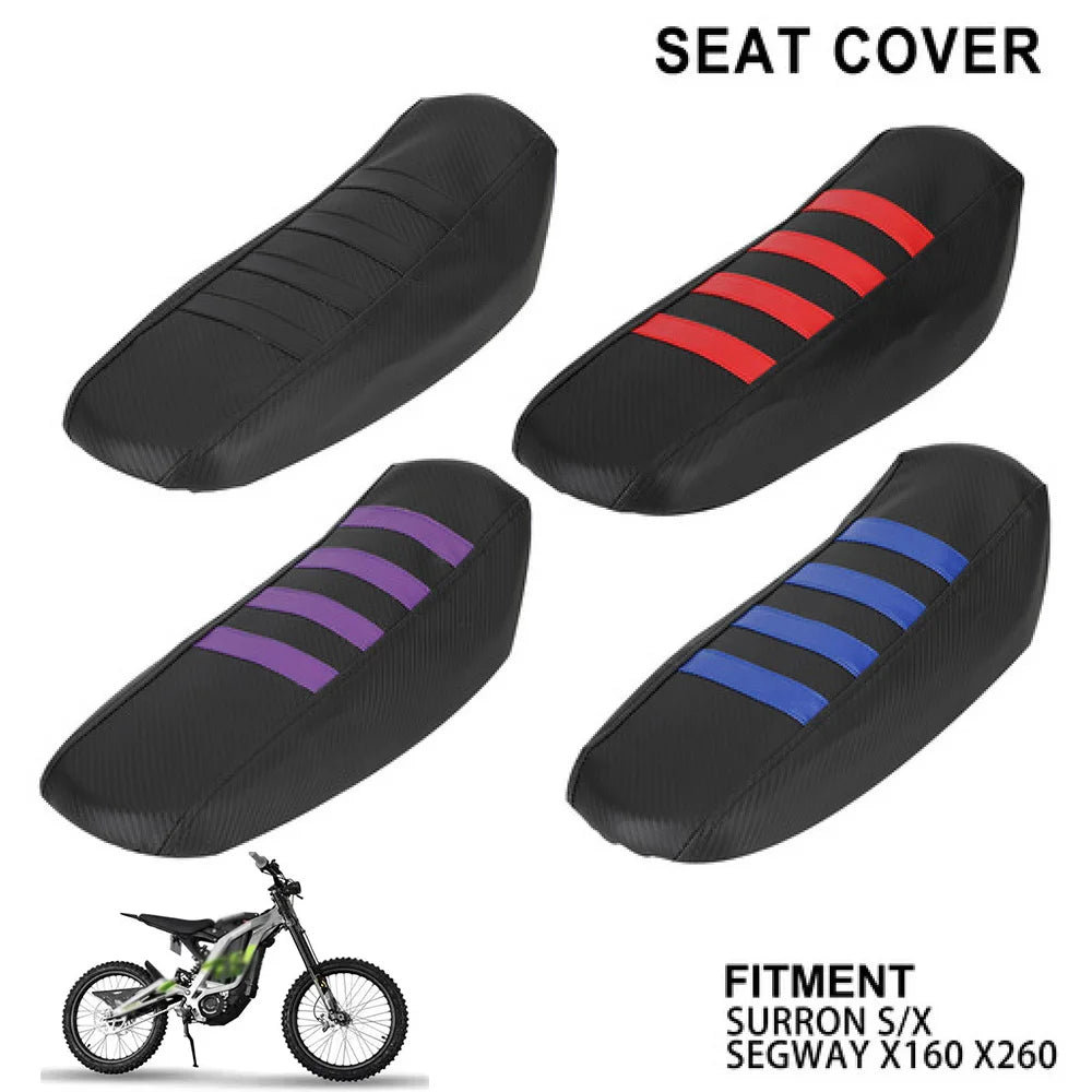 Black and purple seat covers for a Segway X160, shown alongside the vehicle.