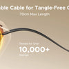 A close-up of a retractable cable for tangle-free charging, showing the cable extending and retracting.