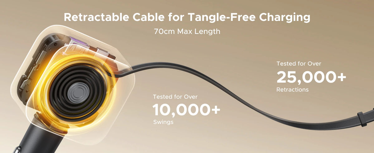 A close-up of a retractable cable for tangle-free charging, showing the cable extending and retracting.