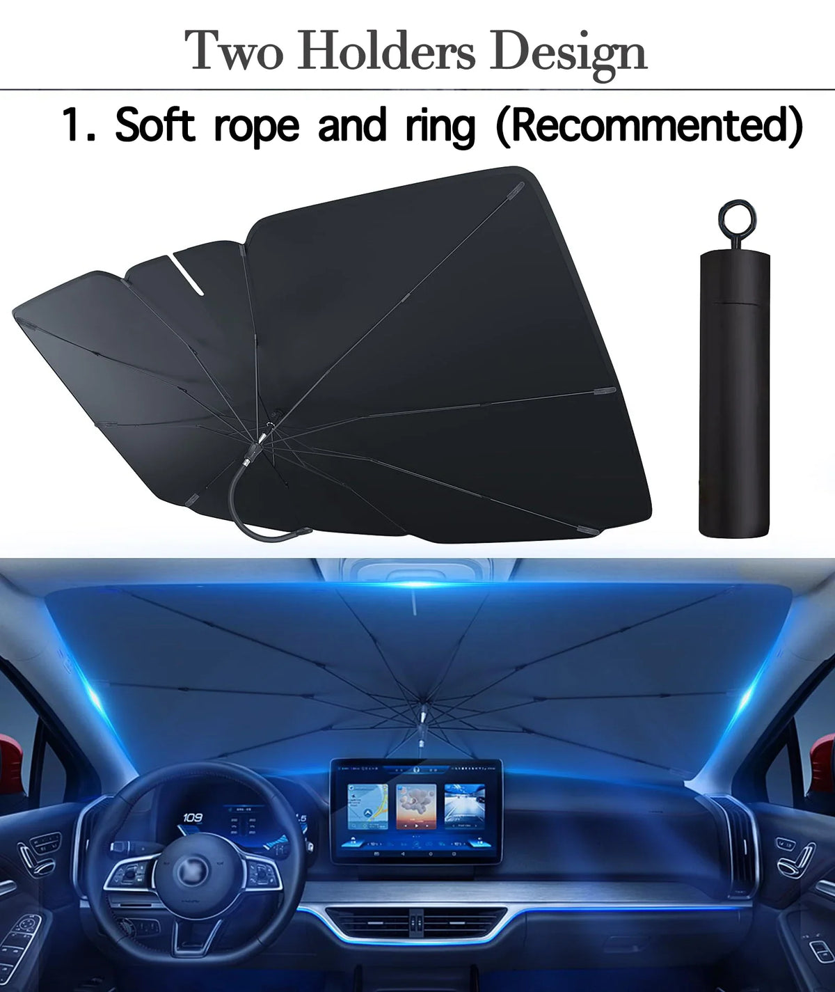 A black foldable car windshield sunshade with a soft rope and ring design shown in a car interior.